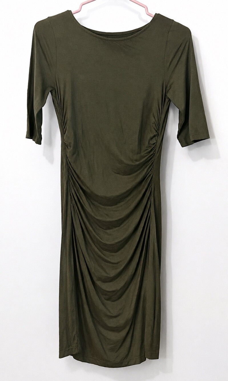 Bloomingdale’s Sz Small 3 Dot Ruched 3/4 Sleeve Stretch Midi Dress Olive Green.